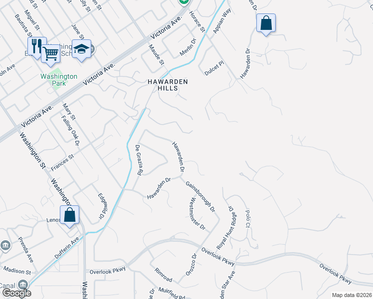map of restaurants, bars, coffee shops, grocery stores, and more near 6590 Hawarden Drive in Riverside