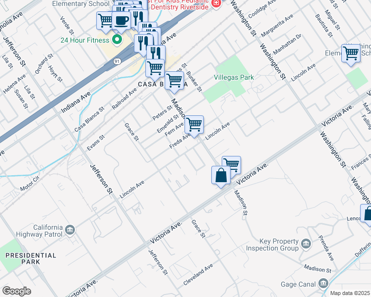 map of restaurants, bars, coffee shops, grocery stores, and more near 7563 Lincoln Avenue in Riverside