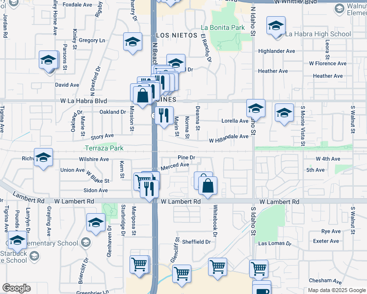 map of restaurants, bars, coffee shops, grocery stores, and more near 440 South Beach Boulevard in La Habra