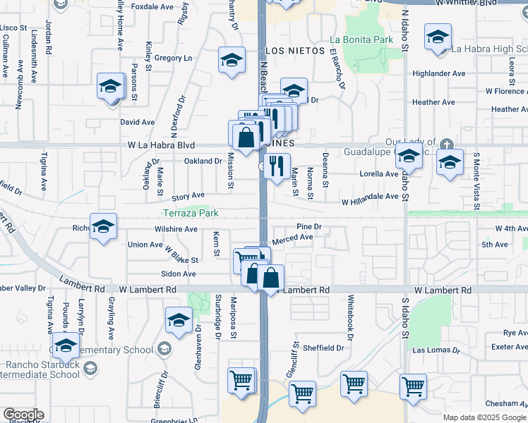 map of restaurants, bars, coffee shops, grocery stores, and more near 410 South Beach Boulevard in La Habra