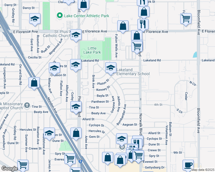 map of restaurants, bars, coffee shops, grocery stores, and more near 12014 Kenney Street in Norwalk