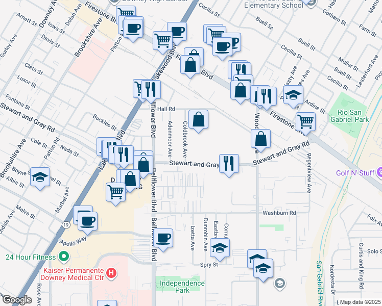 map of restaurants, bars, coffee shops, grocery stores, and more near 11756 Coldbrook Avenue in Downey