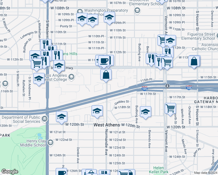 map of restaurants, bars, coffee shops, grocery stores, and more near 11530 Normandie Avenue in Los Angeles