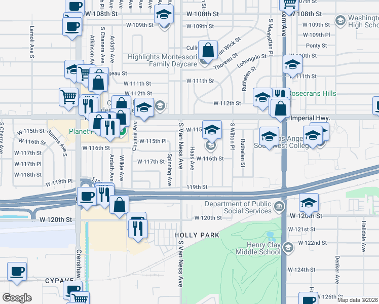 map of restaurants, bars, coffee shops, grocery stores, and more near 11555 Haas Avenue in Hawthorne