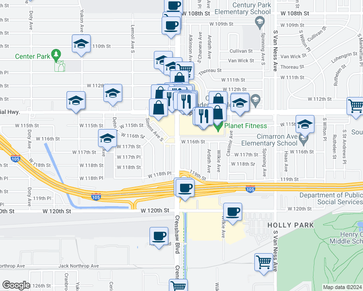 map of restaurants, bars, coffee shops, grocery stores, and more near 11604 Crenshaw Boulevard in Inglewood
