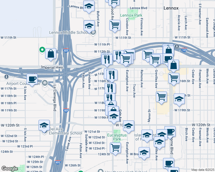 map of restaurants, bars, coffee shops, grocery stores, and more near 4817 West 117th Street in Hawthorne