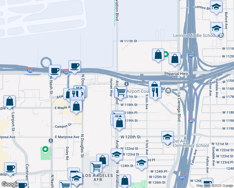 map of restaurants, bars, coffee shops, grocery stores, and more near 11640 Aviation Boulevard in Inglewood