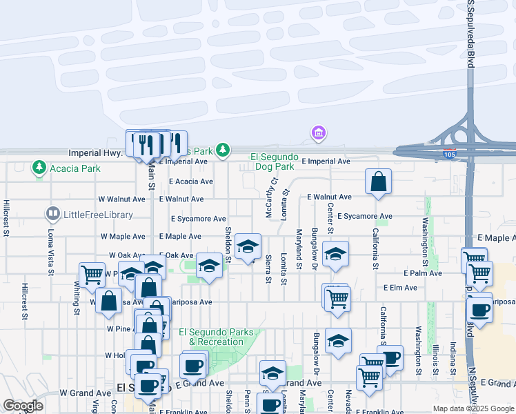 map of restaurants, bars, coffee shops, grocery stores, and more near 853 Penn Street in El Segundo