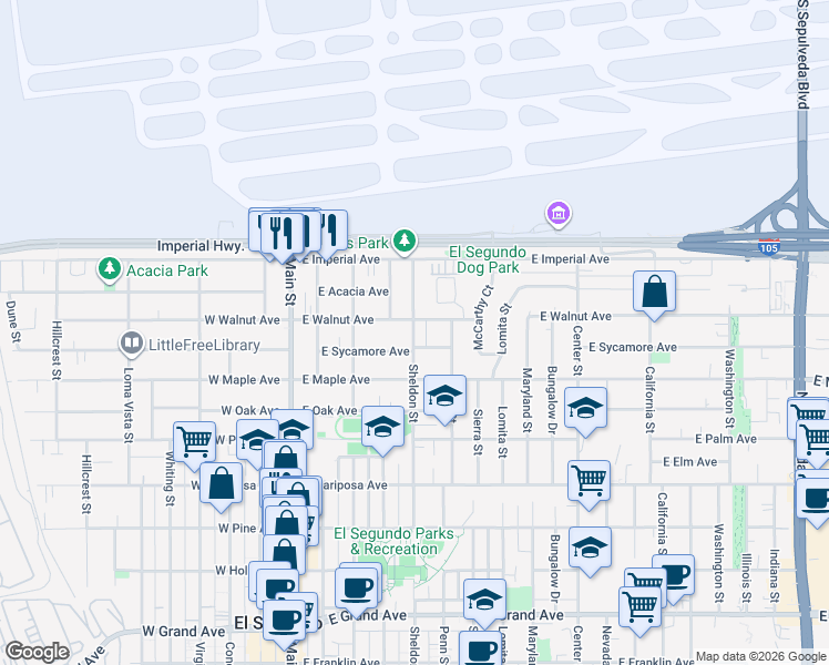 map of restaurants, bars, coffee shops, grocery stores, and more near 849 Sheldon Street in El Segundo