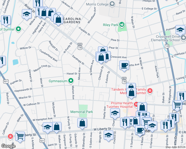 map of restaurants, bars, coffee shops, grocery stores, and more near 325 North Salem Avenue in Sumter
