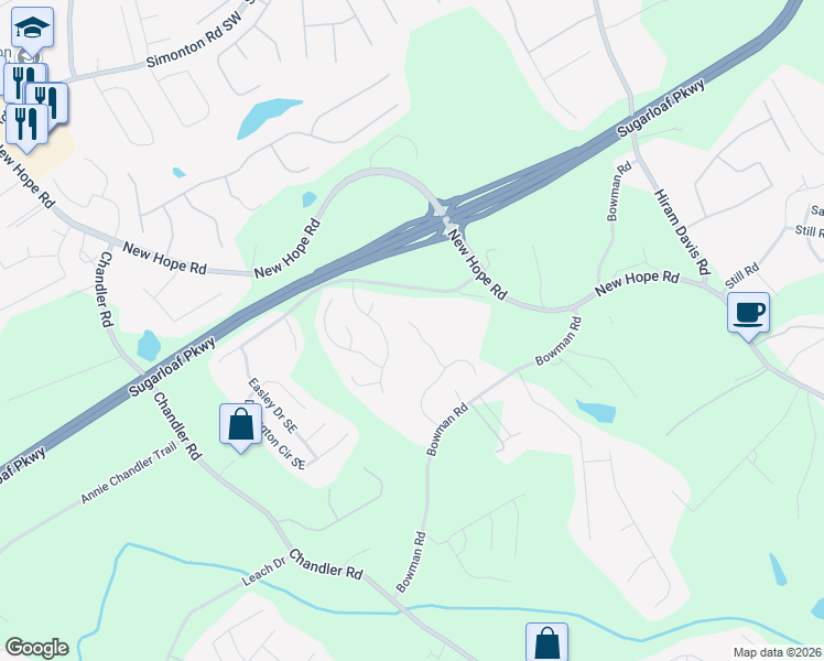 map of restaurants, bars, coffee shops, grocery stores, and more near 1264 Amanda Jill Court in Lawrenceville
