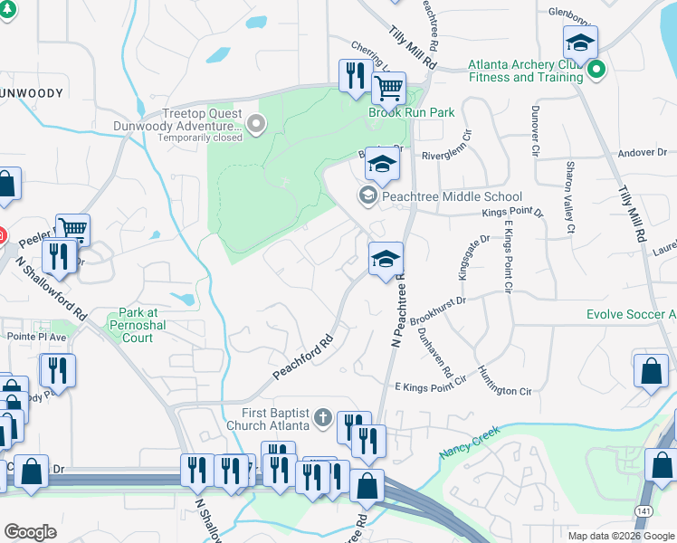 map of restaurants, bars, coffee shops, grocery stores, and more near 2300 Peachford Road in Dunwoody