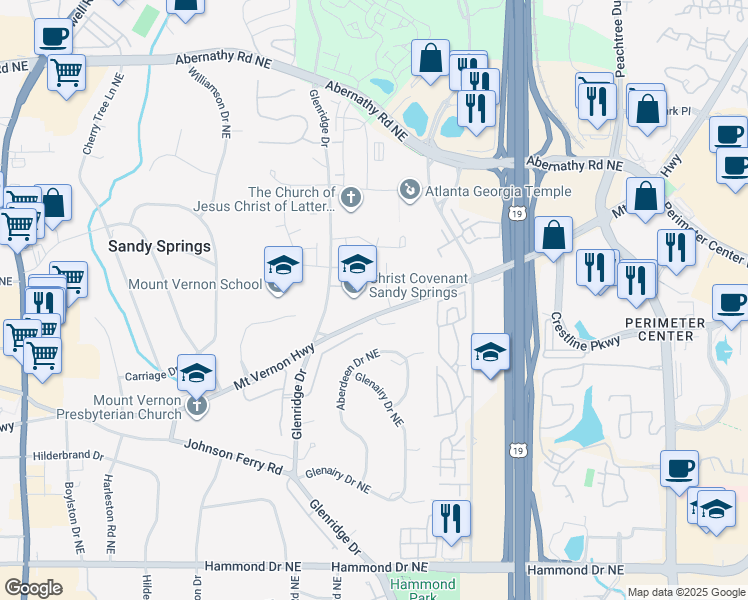 map of restaurants, bars, coffee shops, grocery stores, and more near 650 Mount Vernon Highway in Atlanta