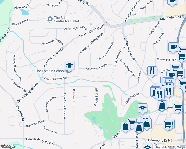 map of restaurants, bars, coffee shops, grocery stores, and more near 245 Colewood Way Northwest in Sandy Springs