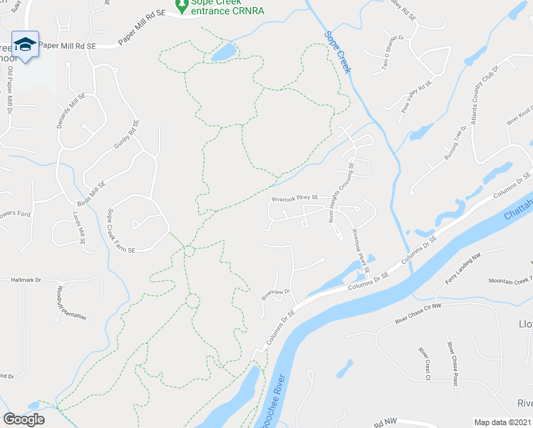 map of restaurants, bars, coffee shops, grocery stores, and more near 4000 Riverlook Parkway Southeast in Marietta