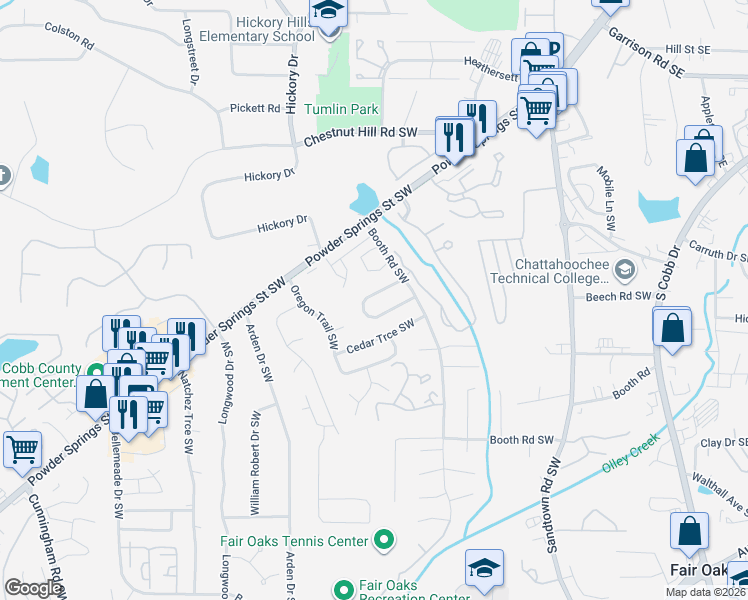 map of restaurants, bars, coffee shops, grocery stores, and more near 352 Booth Circle Southwest in Marietta