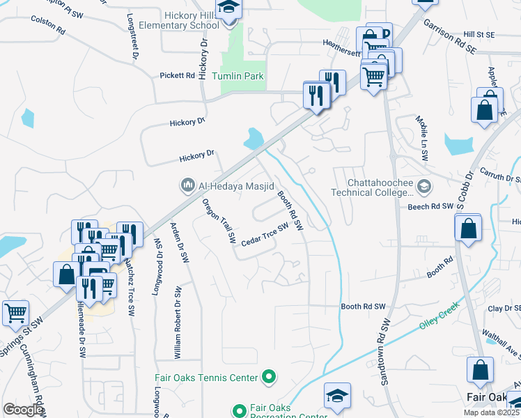 map of restaurants, bars, coffee shops, grocery stores, and more near 352 Booth Circle Southwest in Marietta