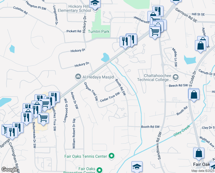 map of restaurants, bars, coffee shops, grocery stores, and more near 352 Booth Circle Southwest in Marietta