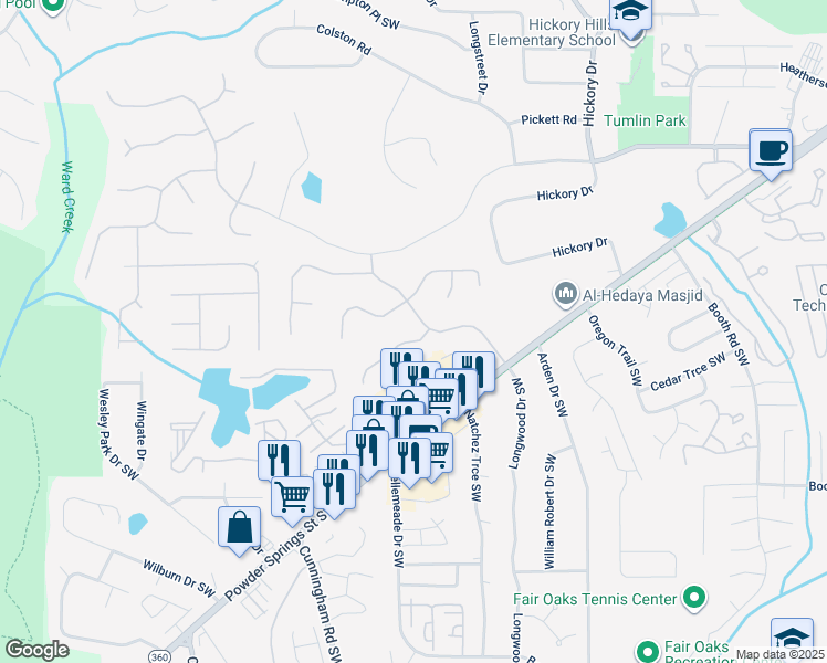 map of restaurants, bars, coffee shops, grocery stores, and more near 710 Laurel Chase Southwest in Marietta