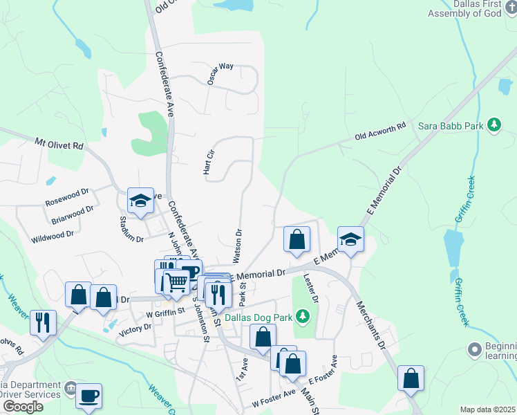 map of restaurants, bars, coffee shops, grocery stores, and more near 109 Brookview Court in Dallas