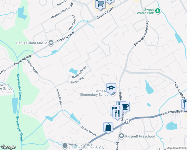 map of restaurants, bars, coffee shops, grocery stores, and more near 837 Dunlin Fields Road in Lawrenceville