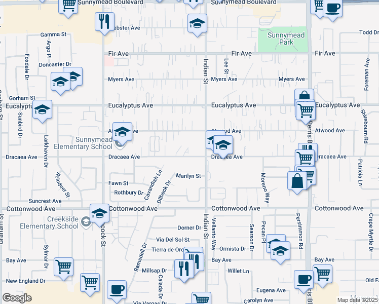 map of restaurants, bars, coffee shops, grocery stores, and more near 24426 Dracaea Avenue in Moreno Valley