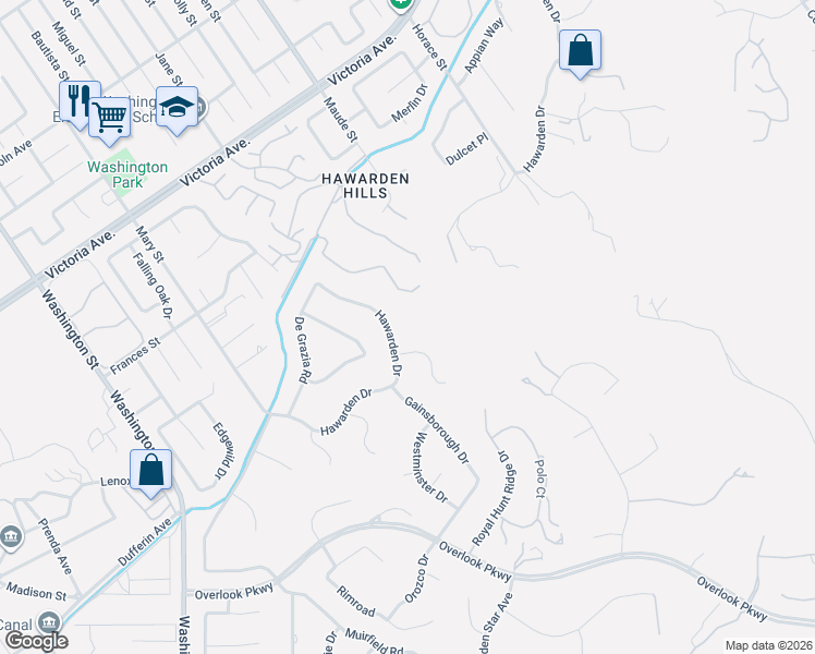 map of restaurants, bars, coffee shops, grocery stores, and more near 6590 Hawarden Drive in Riverside