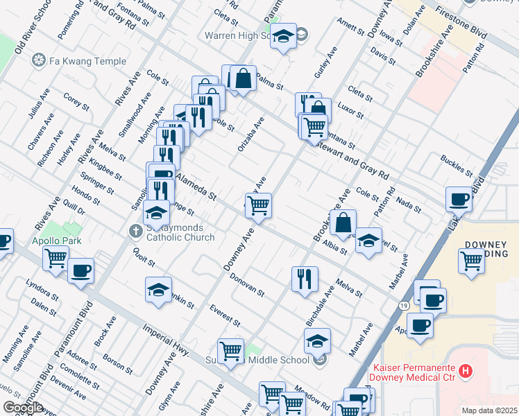 map of restaurants, bars, coffee shops, grocery stores, and more near 12141 Downey Avenue in Downey