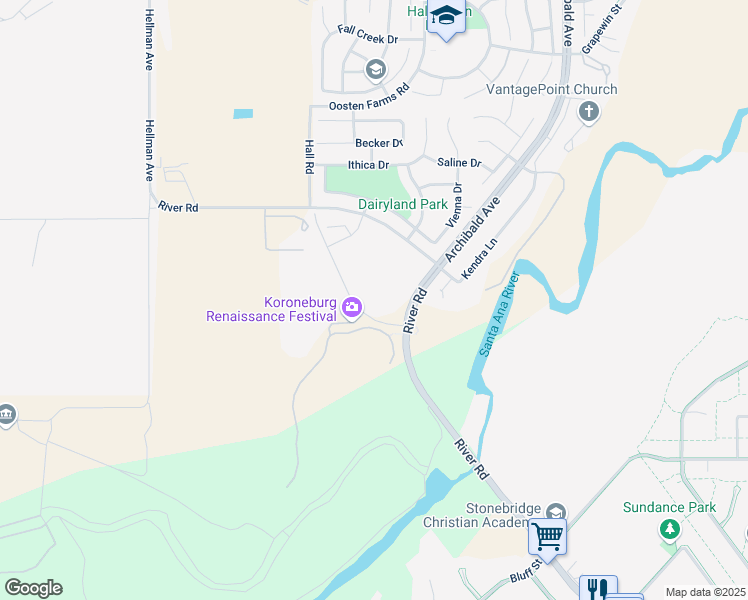 map of restaurants, bars, coffee shops, grocery stores, and more near 14477 Badger Lane in Corona