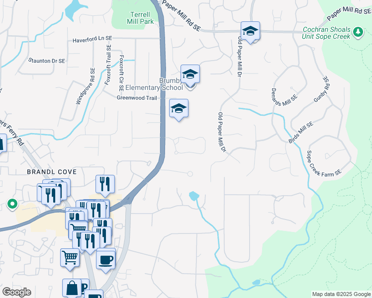 map of restaurants, bars, coffee shops, grocery stores, and more near 3269 Winthrop Circle in Marietta