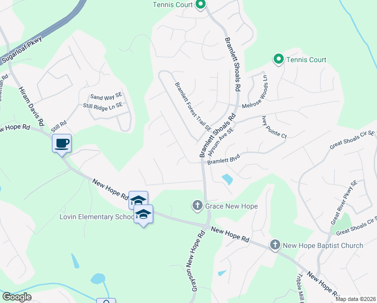 map of restaurants, bars, coffee shops, grocery stores, and more near 1630 Bramlett Blvd in Lawrenceville