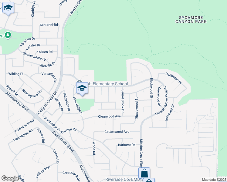 map of restaurants, bars, coffee shops, grocery stores, and more near 6721 Silver Oak Place in Riverside