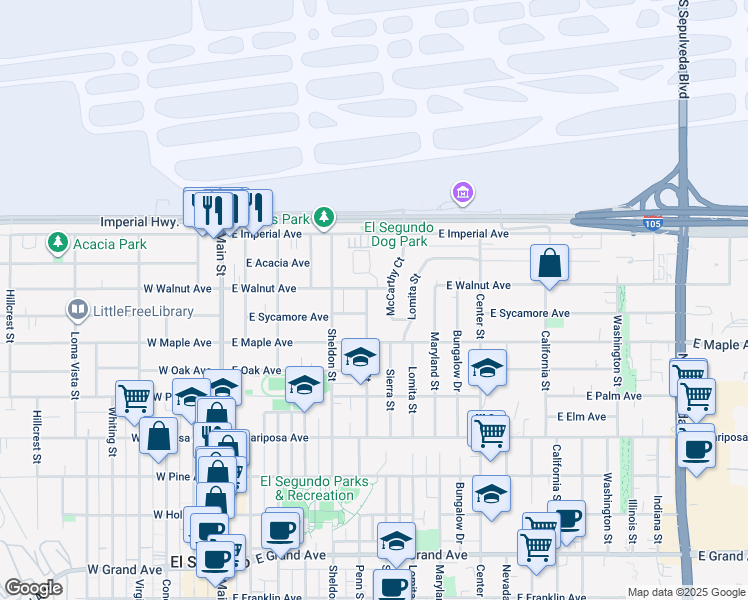 map of restaurants, bars, coffee shops, grocery stores, and more near 848 Penn Street in El Segundo