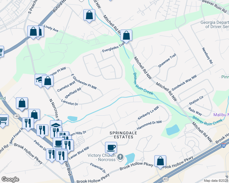 map of restaurants, bars, coffee shops, grocery stores, and more near 1078 Lancelot Drive in Norcross