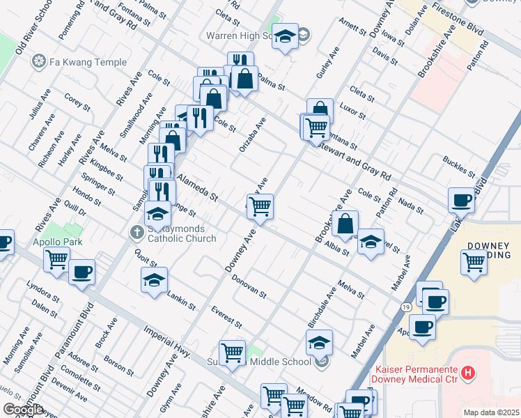 map of restaurants, bars, coffee shops, grocery stores, and more near 12143 Downey Avenue in Downey