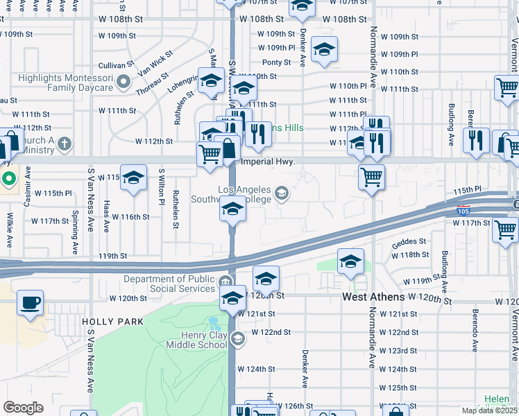 map of restaurants, bars, coffee shops, grocery stores, and more near 1218 West Imperial Highway in Los Angeles