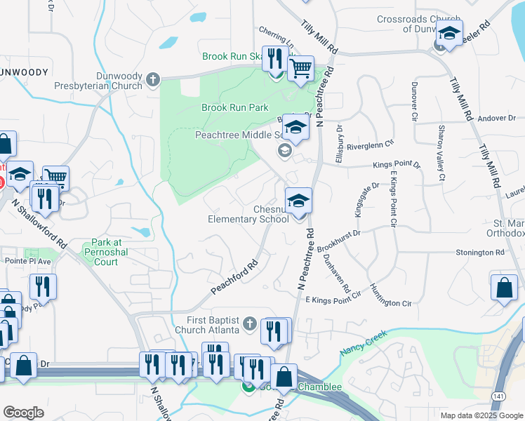 map of restaurants, bars, coffee shops, grocery stores, and more near 2300 Peachford Road in Atlanta
