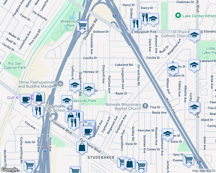 map of restaurants, bars, coffee shops, grocery stores, and more near 11429 Fairford Avenue in Norwalk