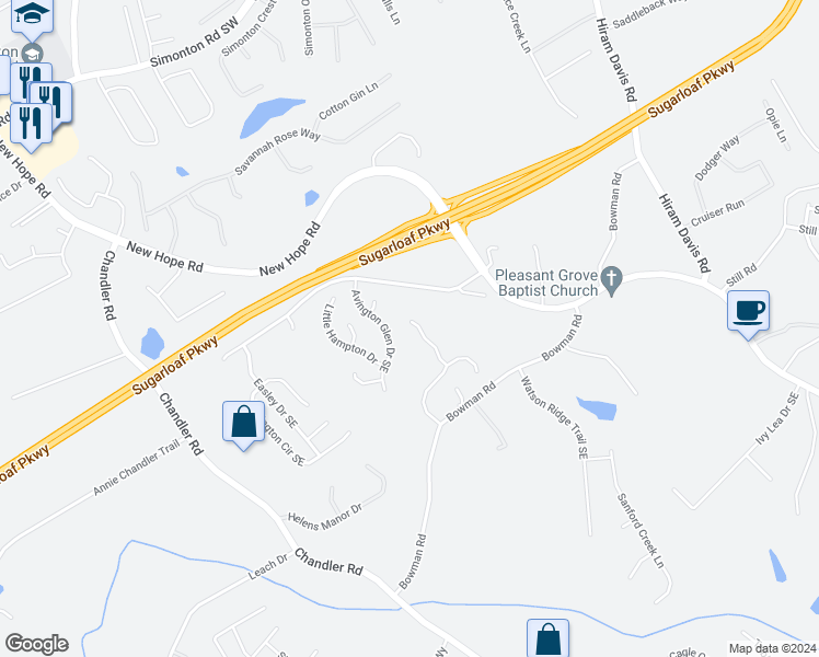 map of restaurants, bars, coffee shops, grocery stores, and more near 1233 Amanda Jill Court in Lawrenceville