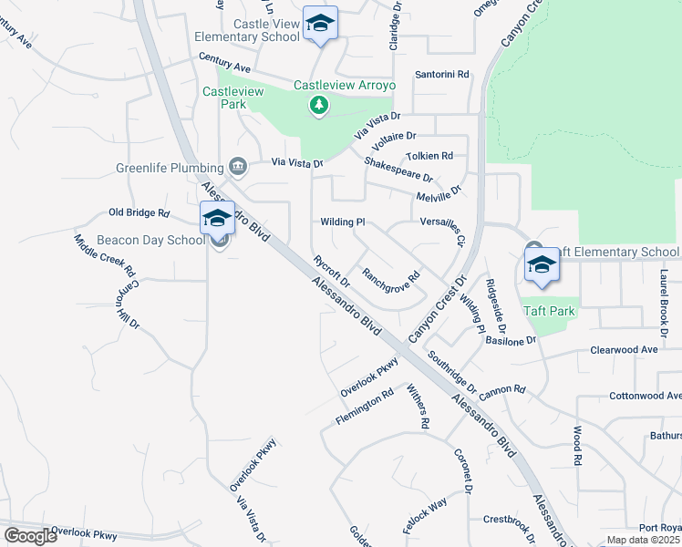 map of restaurants, bars, coffee shops, grocery stores, and more near 6794 Rycroft Drive in Riverside