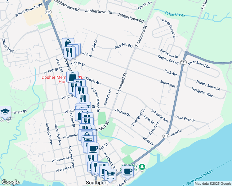 map of restaurants, bars, coffee shops, grocery stores, and more near 419 East Leonard Street in Southport