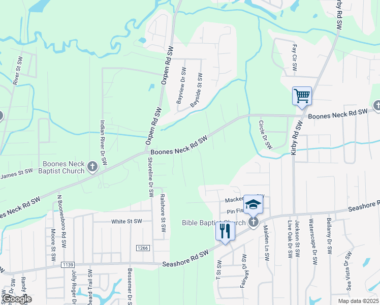 map of restaurants, bars, coffee shops, grocery stores, and more near 2509 Boones Neck Road Southwest in Brunswick County