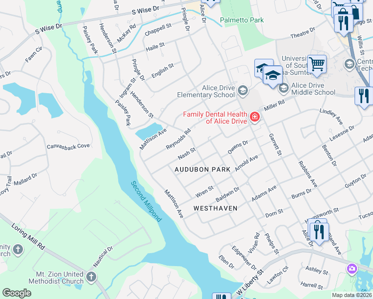 map of restaurants, bars, coffee shops, grocery stores, and more near 105 Nash Street in Sumter