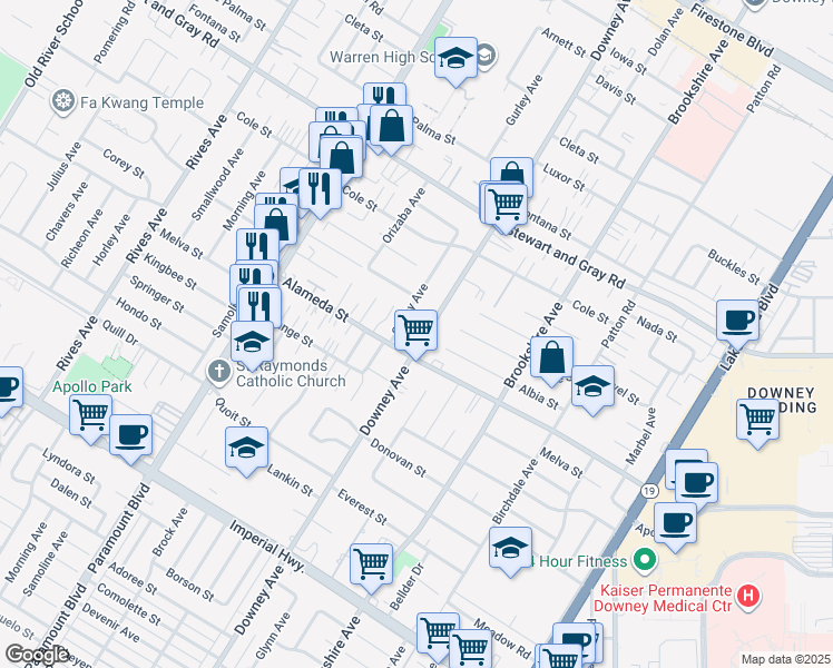 map of restaurants, bars, coffee shops, grocery stores, and more near 12141 Downey Avenue in Downey