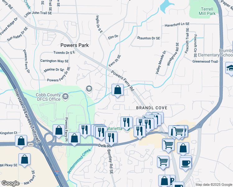 map of restaurants, bars, coffee shops, grocery stores, and more near 2674 Greentree Drive Southeast in Marietta