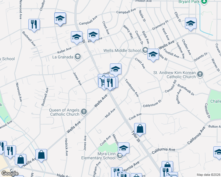 map of restaurants, bars, coffee shops, grocery stores, and more near 4819 Tyler Street in Riverside