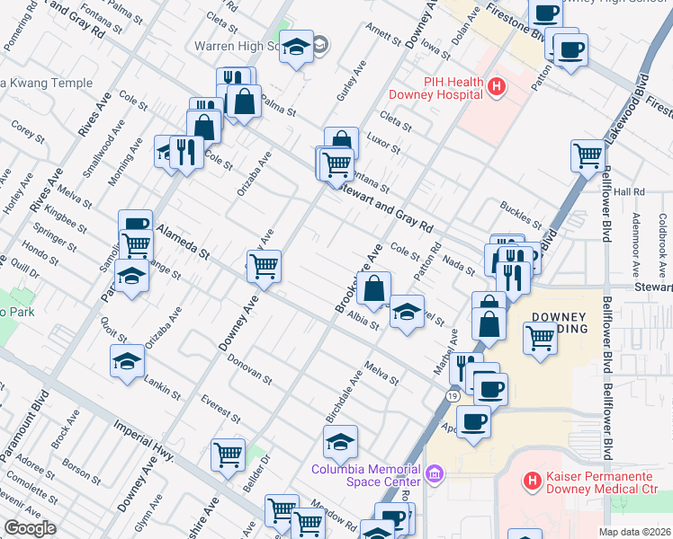 map of restaurants, bars, coffee shops, grocery stores, and more near 8432 Cavel Street in Downey