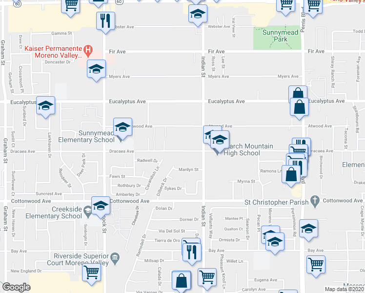 map of restaurants, bars, coffee shops, grocery stores, and more near 24426 Dracaea Avenue in Moreno Valley
