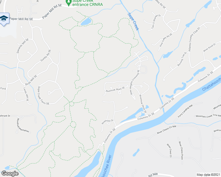map of restaurants, bars, coffee shops, grocery stores, and more near 1501 Riverview Drive in Marietta