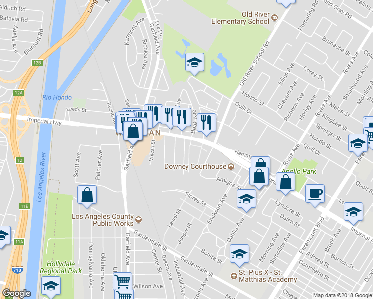 map of restaurants, bars, coffee shops, grocery stores, and more near 10930 Lillian Lane in South Gate